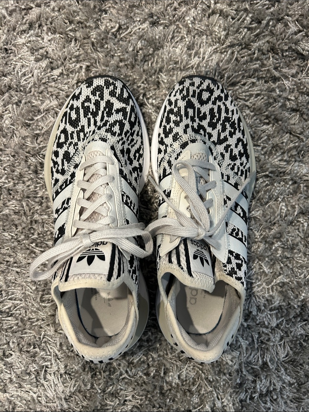 adidas White and Black Leopard-Knit Casual Sneakers
